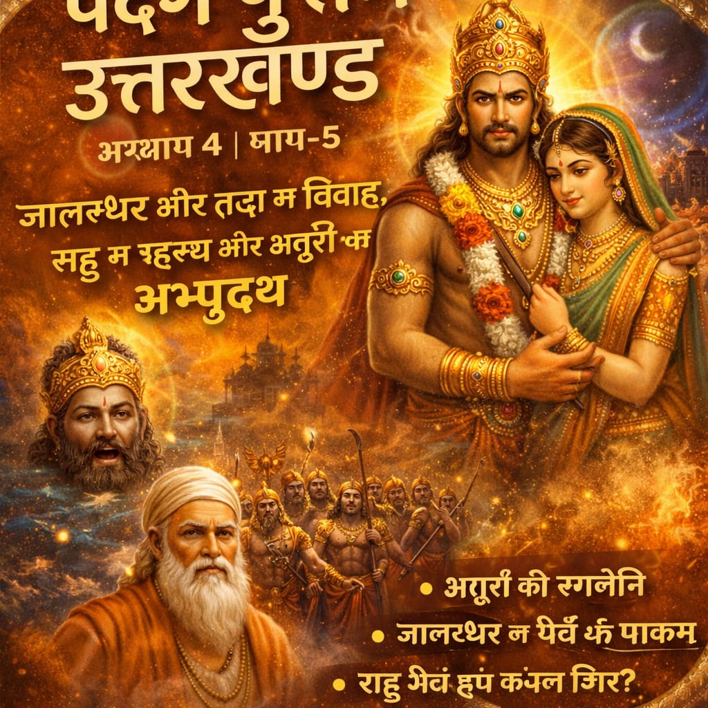 पद्म पुराण उत्तरखण्ड अध्याय 4 भाग 5 में जालन्धर और वृन्दा का विवाह, शुक्राचार्य, राहु का रहस्य और असुरों की सेना का दिव्य चित्रण