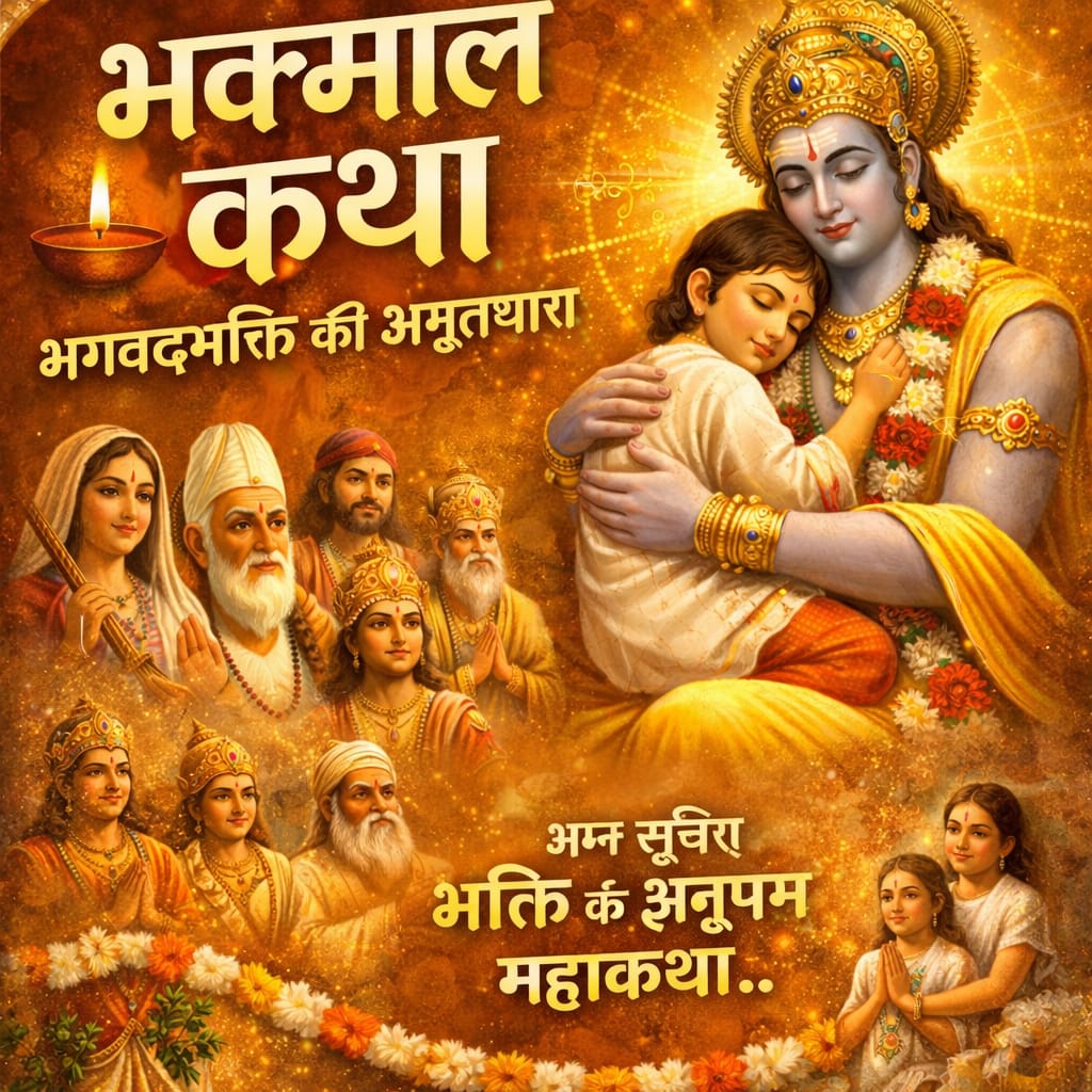 भक्तमाल कथा में भगवान विष्णु एक भक्त बालिका को गोद में लिए हुए, साथ में संतों और भक्तों की दिव्य सभा तथा स्वर्णिम भक्ति आभा