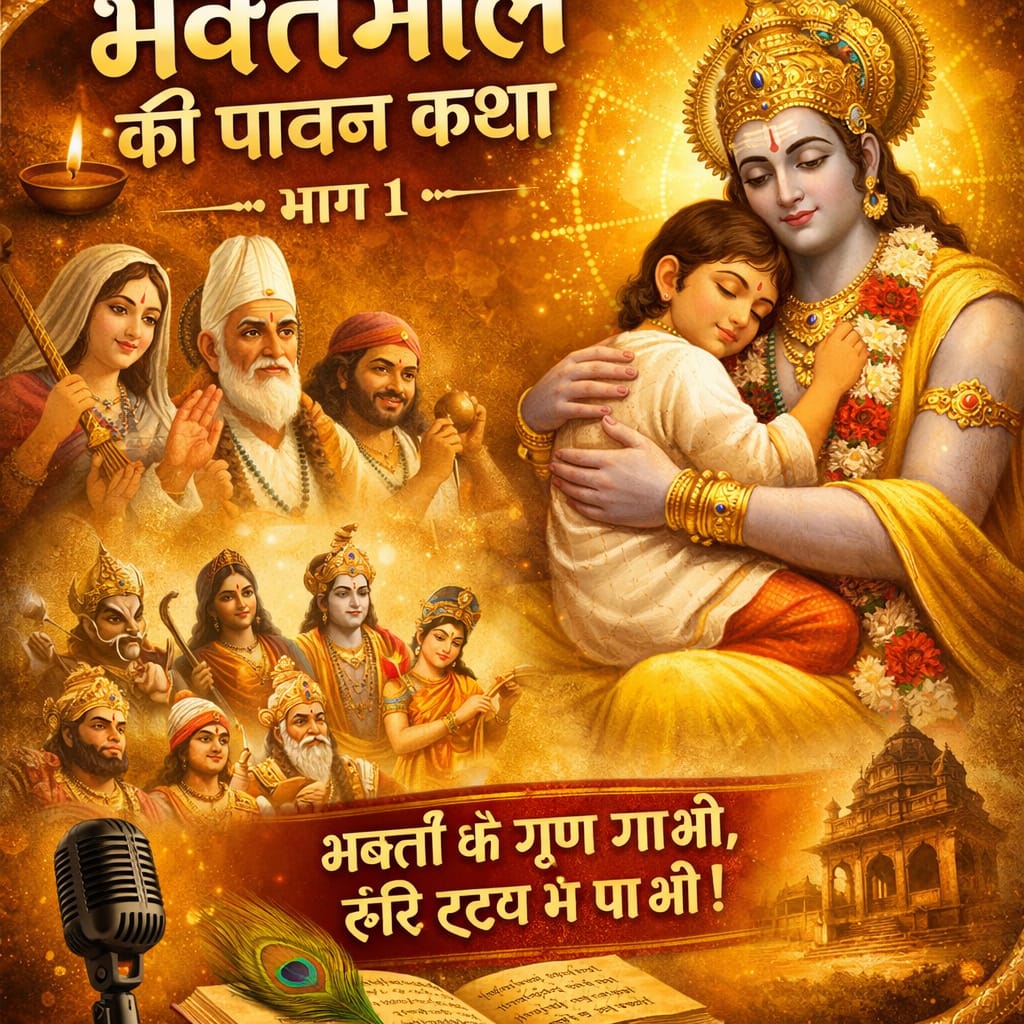 हरि हृदय में तब बसते हैं जब भक्ति से गाएं भक्तों के गुण-भक्तमाल की पावन कथा भाग 1 में भगवान विष्णु एक भक्त को गोद में लिए हुए, साथ में संत मीरा, कबीर और अन्य भक्तों की दिव्य छवि
