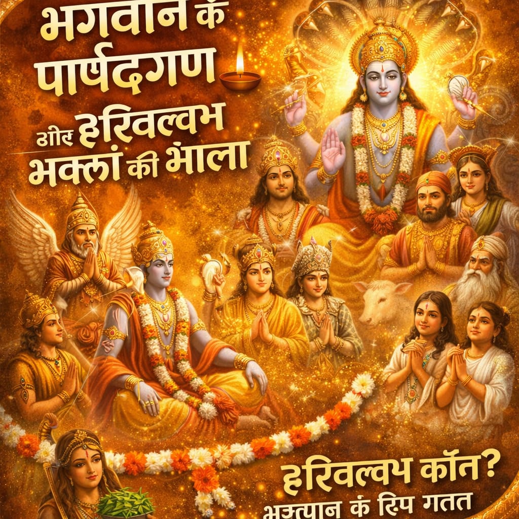 भगवान विष्णु के साथ उनके पार्षदगण और हरिवल्लभ भक्तों की दिव्य सभा, स्वर्णिम आभा में भक्तों की माला और भक्ति का अद्भुत दृश्य