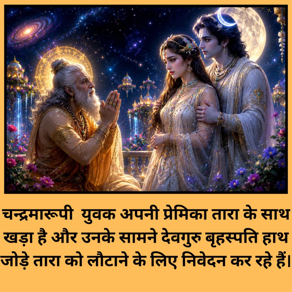Current image: चन्द्रमा–तारा विवाद: चन्द्रमारूपी युवक अपनी प्रेमिका तारा के साथ खड़ा है और उनके सामने देवगुरु बृहस्पति