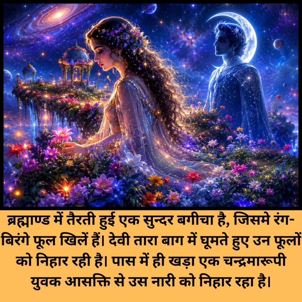 Current image: चन्द्रमा–तारा विवाद: ब्रह्माण्ड में तैरती हुई एक सुन्दर बगीचा है, जिसमे देवी तारा और चन्द्रमा आसक्ति में