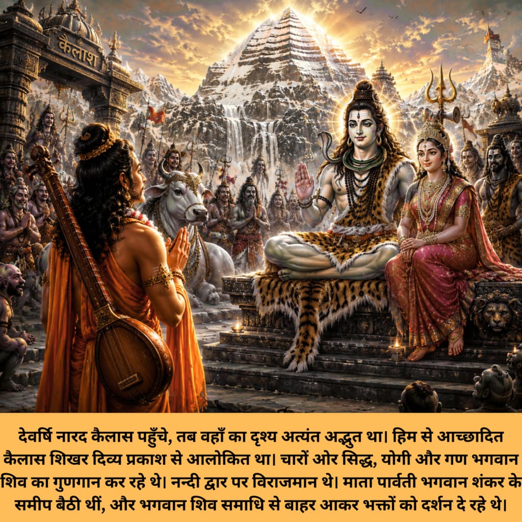 Current image: तुलसी त्रिरात्र व्रत -देवर्षि नारद कैलास पहुँचे, तब वहाँ का दृश्य अत्यंत अद्भुत था। हिम से आच्छादित कैलास शिखर दिव्य प्रकाश से आलोकित था। चारों ओर सिद्ध, योगी और गण भगवान शिव का गुणगान कर रहे थे।