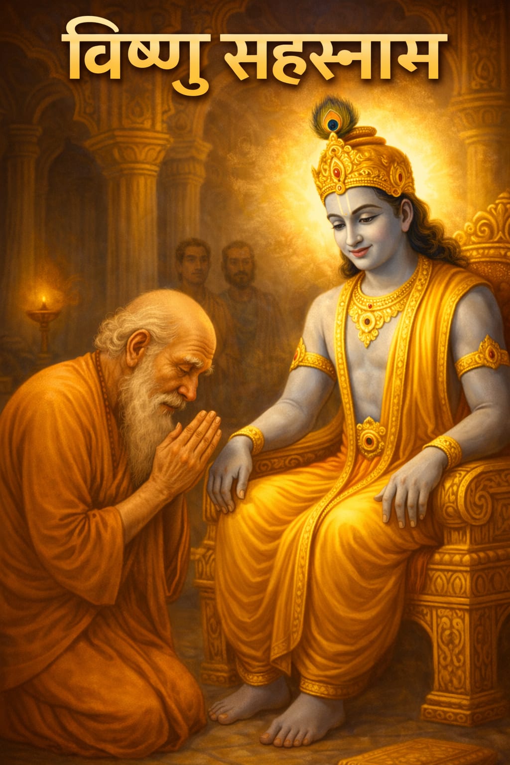 भगवान विष्णु का दिव्य स्वरूप शंख, चक्र, गदा और पद्म धारण किए हुए, सुनहरी आभा और आध्यात्मिक प्रकाश के साथ – विष्णु सहस्रनाम थंबनेल इमेज