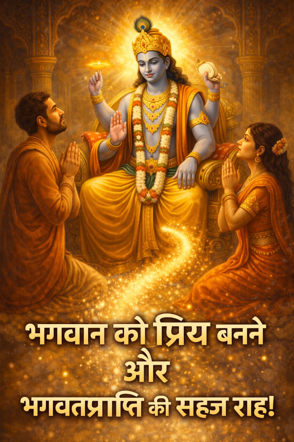 स्वर्णिम मंदिर में सिंहासन पर विराजमान भगवान विष्णु भक्तों को आशीर्वाद देते हुए, पुरुष और महिला भक्त हाथ जोड़कर प्रार्थना करते हुए – भगवान को प्रिय बनने और भगवत्प्राप्ति की सहज राह