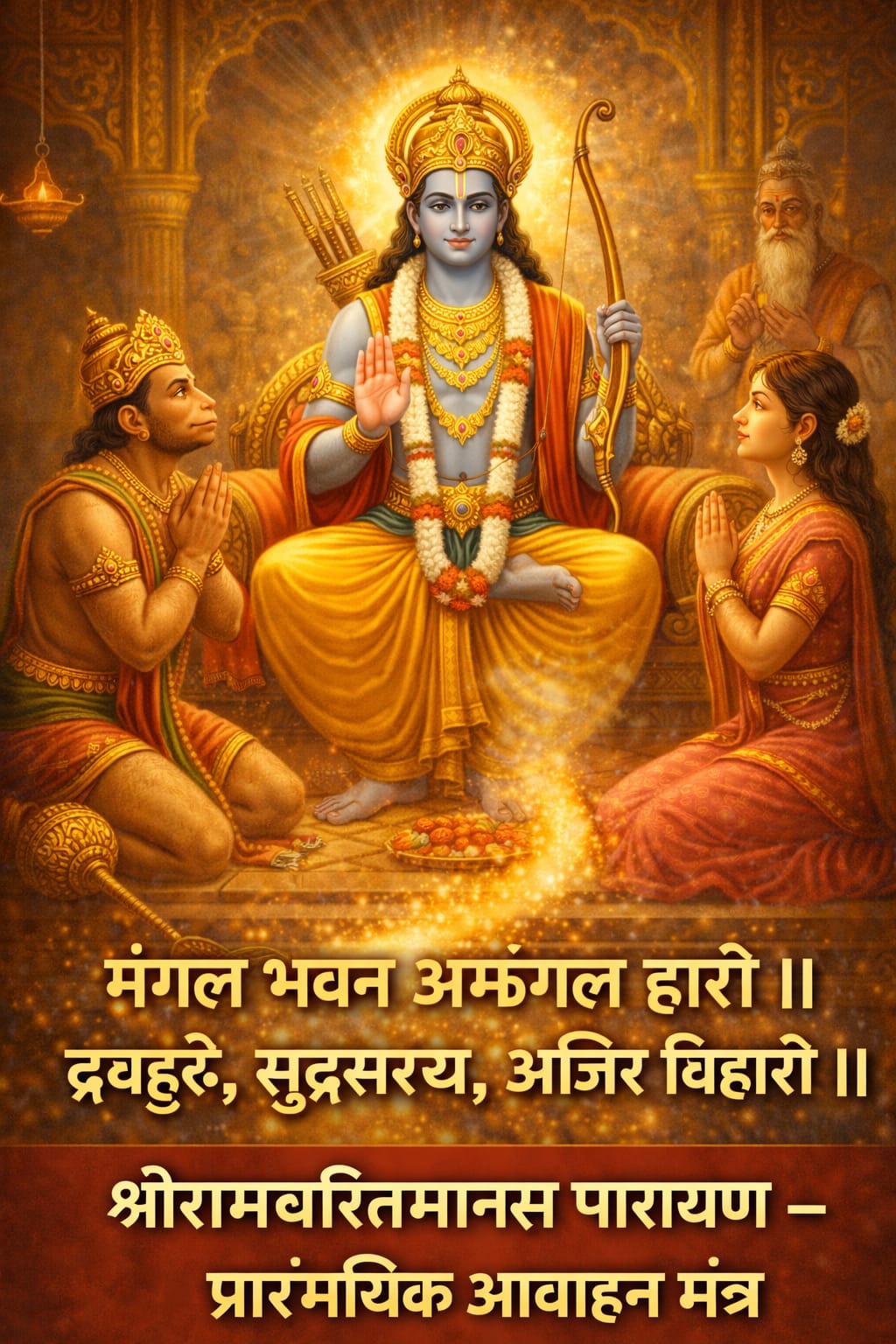 श्रीरामचरितमानस पारायण – प्रारंभिक आवाहन मंत्र: सिंहासन पर विराजमान भगवान श्रीराम हाथ में धनुष धारण किए हुए, सामने भक्तिभाव से बैठे हनुमानजी और माता सीता, रामचरितमानस पारायण के प्रारंभिक आवाहन मंत्र का दिव्य दृश्य