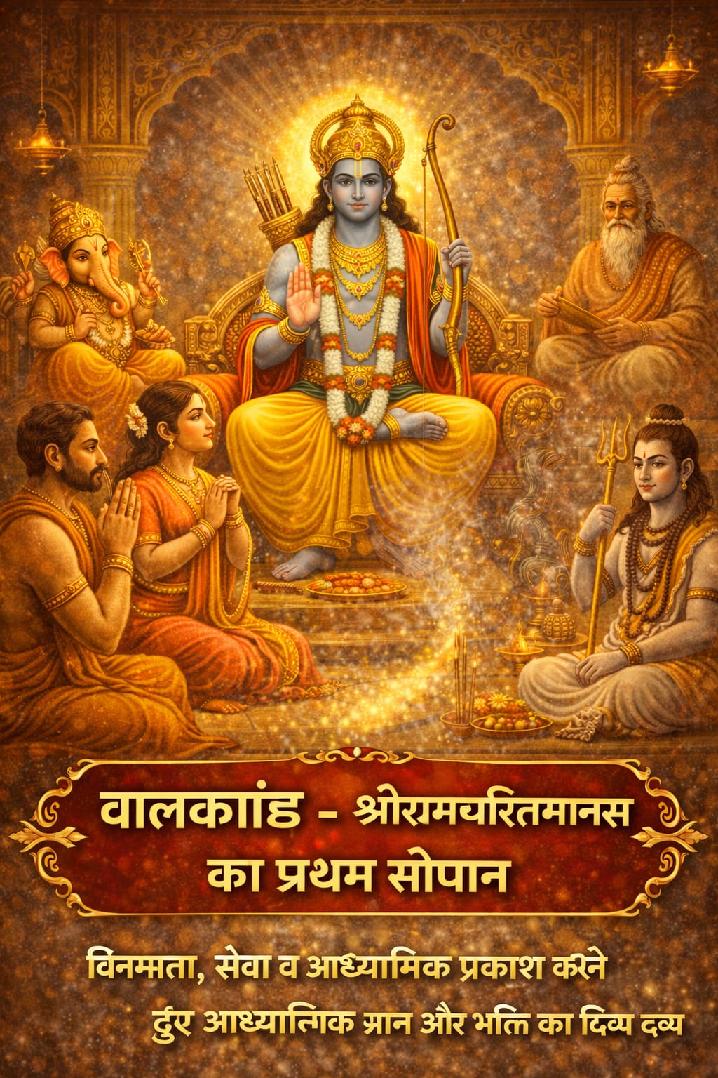 बालकाण्ड – श्रीरामचरितमानस का प्रथम सोपान - भगवान श्रीराम स्वर्ण सिंहासन पर विराजमान हैं और उनके आसपास माता सीता, भगवान गणेश, भगवान शिव और संत तुलसीदास श्रद्धा से उपस्थित हैं, जो श्रीरामचरितमानस के बालकाण्ड की दिव्य शुरुआत को दर्शाता है।