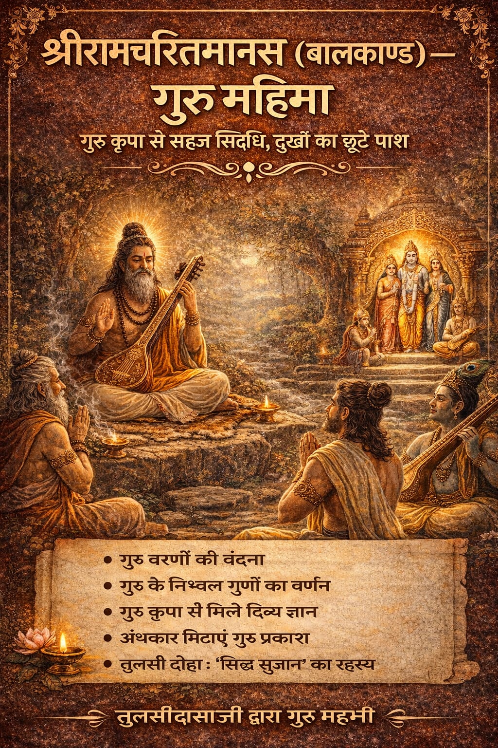 श्रीरामचरितमानस बालकाण्ड में गुरु महिमा का दृश्य, जहाँ एक दिव्य गुरु शिष्यों को ज्ञान दे रहे हैं और पृष्ठभूमि में श्रीराम दरबार का प्रकाशमान स्वरूप दिखाई दे रहा है