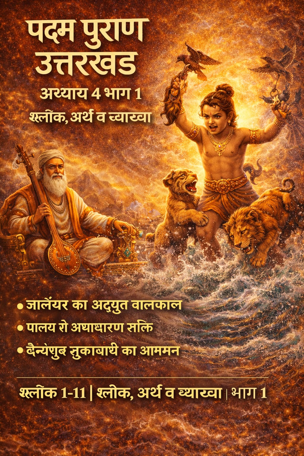 पद्म पुराण उत्तरखंड अध्याय 4 भाग 1 में जालंधर के बाल्यकाल की कथा दर्शाता हुआ दिव्य दृश्य, जिसमें समुद्रपुत्र जालंधर की शक्ति और साहस का चित्रण