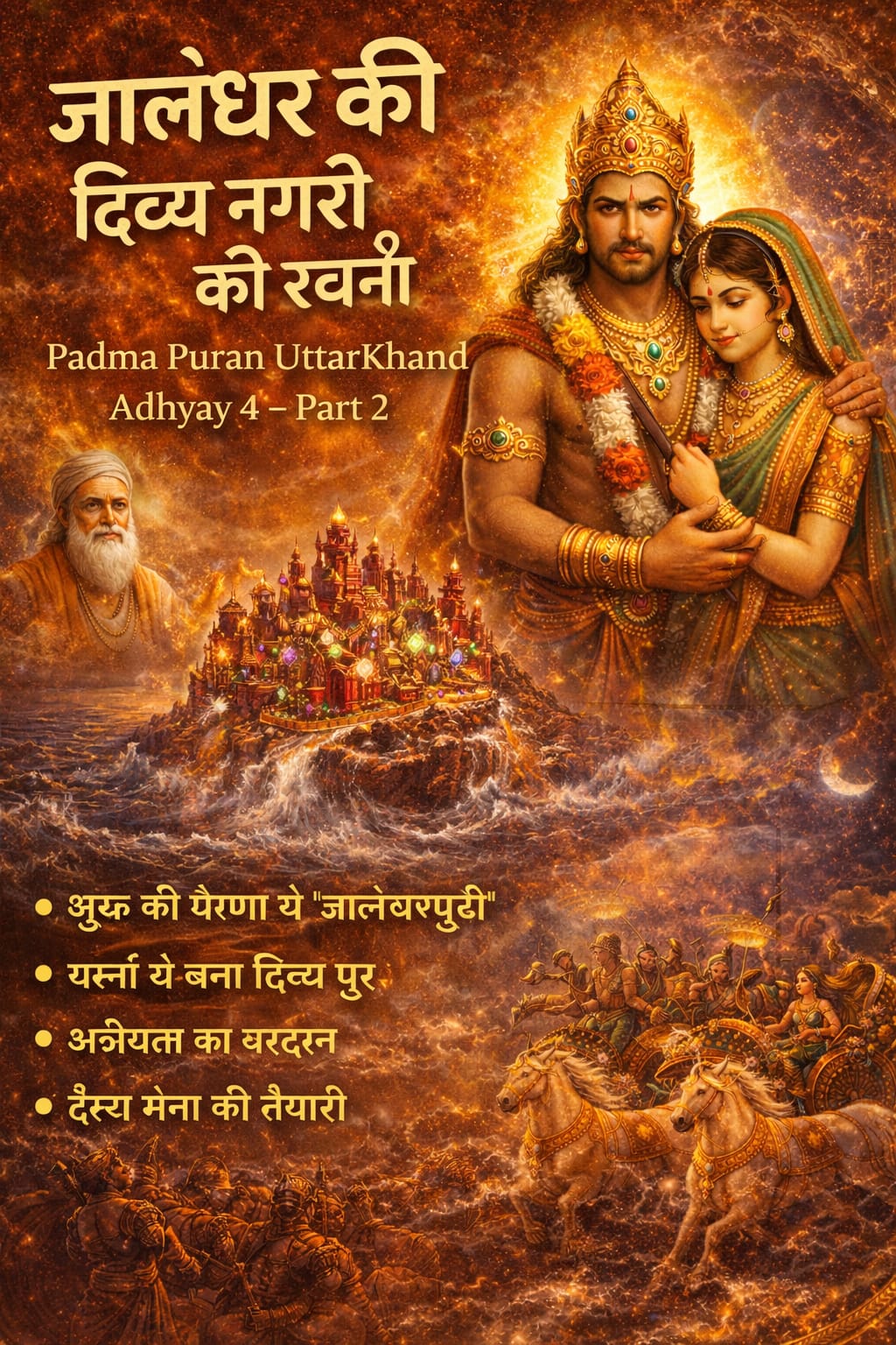 पद्म महापुराण उत्तरखण्ड - अध्याय 4, भाग 2; जालंधर की दिव्य नगरी का भव्य दृश्य, जिसमें रत्नों से बने महल, स्वर्ण द्वार, चमकती प्राचीरें और दिव्य प्रकाश से आलोकित आकाश दर्शाया गया है।
