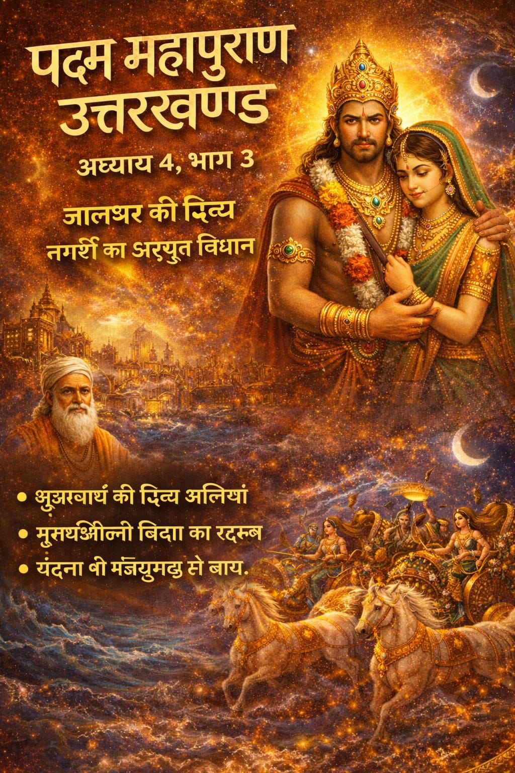 पद्म महापुराण उत्तरखण्ड अध्याय 4 भाग 3 में जालन्धर और वृन्दा का दिव्य चित्रण, स्वर्णिम नगरी, असुर सेना और समुद्र से उदित भव्य दृश्य
