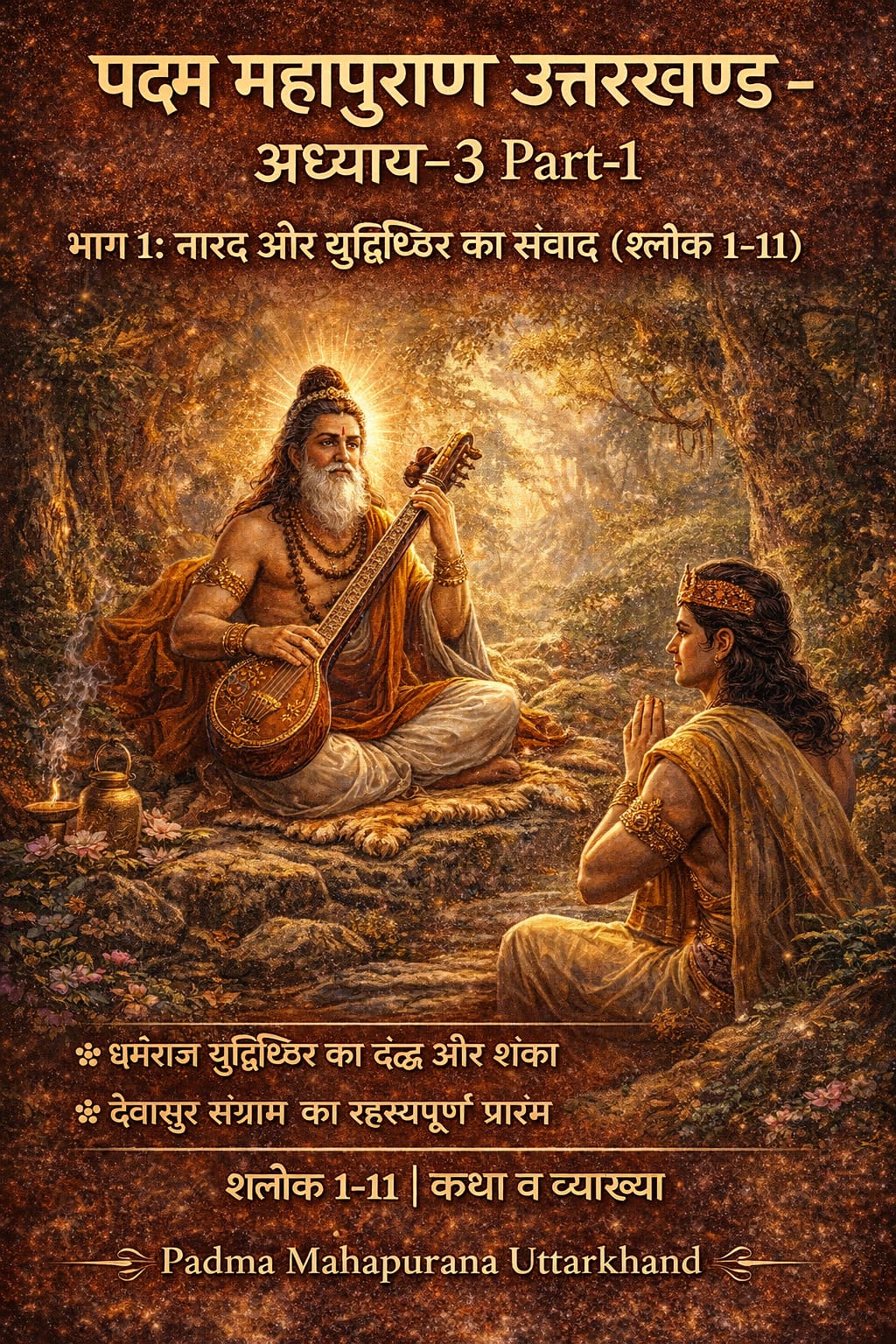 पद्म महापुराण उत्तरखण्ड अध्याय 3 Part 1 का दृश्य जिसमें नारद मुनि युधिष्ठिर को वन में दिव्य ज्ञान देते हुए दिखाई दे रहे हैं
