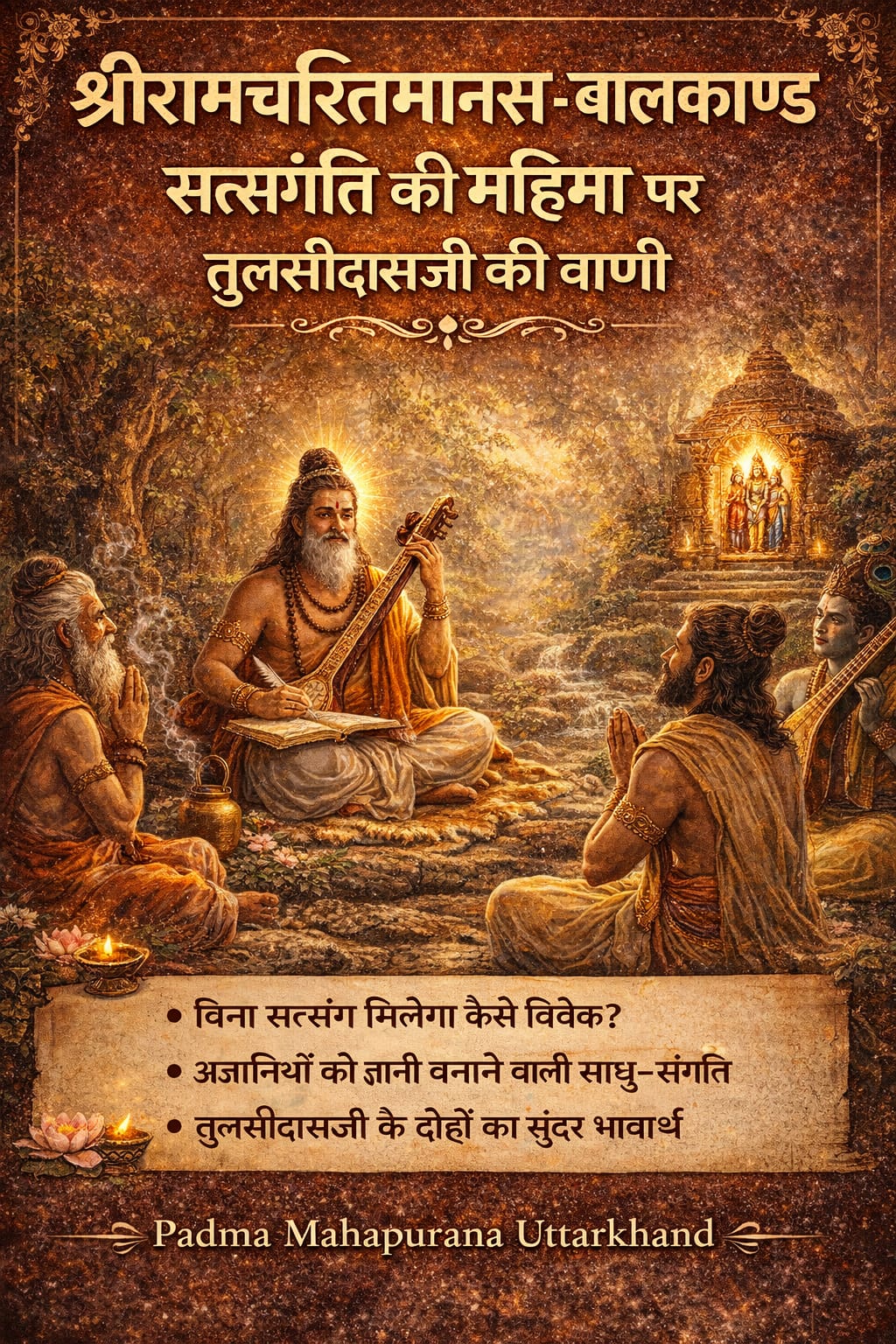 सत्संगति की महिमा पर तुलसीदासजी की वाणी - श्रीरामचरितमानस बालकाण्ड में गोस्वामी तुलसीदासजी संतों के साथ बैठकर सत्संग की महिमा का उपदेश देते हुए, पृष्ठभूमि में श्रीराम दरबार का दिव्य दृश्य