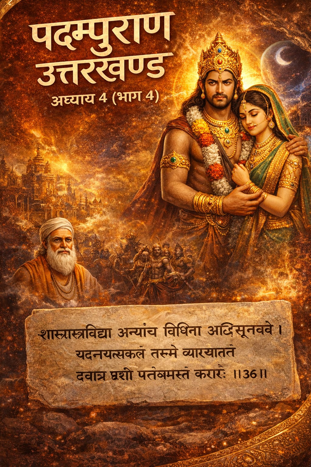 पद्मपुराण उत्तरखण्ड अध्याय 4 भाग 4 में जालन्धर और वृन्दा का दिव्य चित्रण, साथ में शुक्राचार्य और श्लोक 36 का संस्कृत शिलालेख