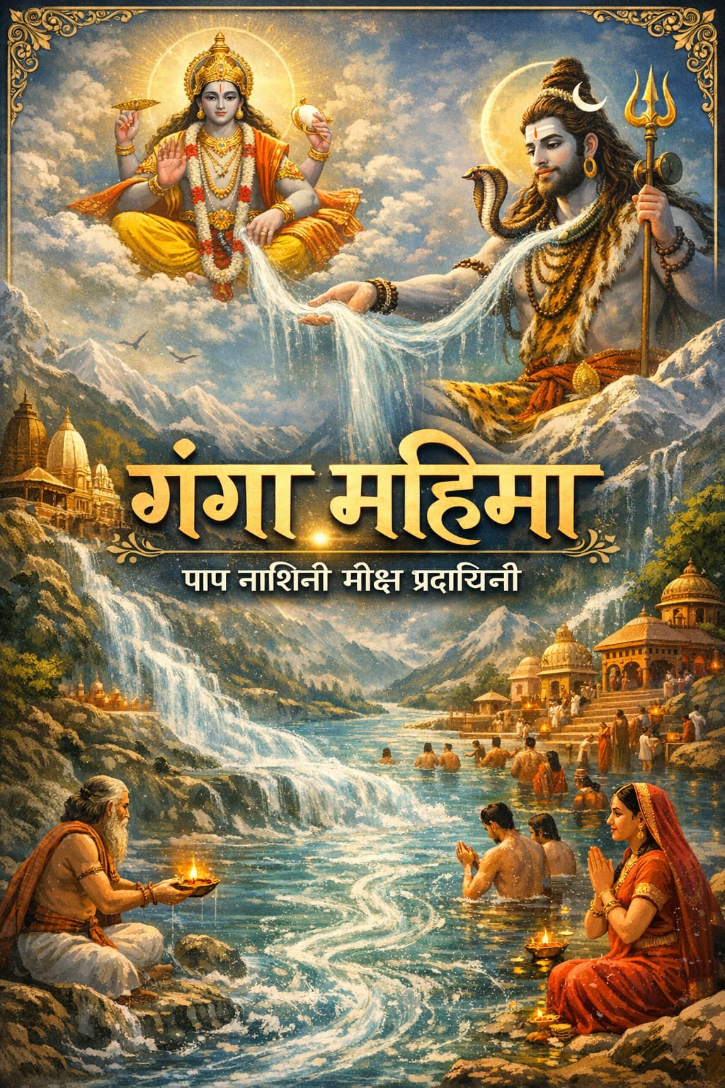 शिव की जटाओं से अवतरित माँ गंगा, आकाश में भगवान विष्णु का आशीर्वाद, गंगा तट पर श्रद्धालुओं का स्नान, दीपदान और पूजा करते भक्त, गंगा महिमा का दिव्य दृश्य