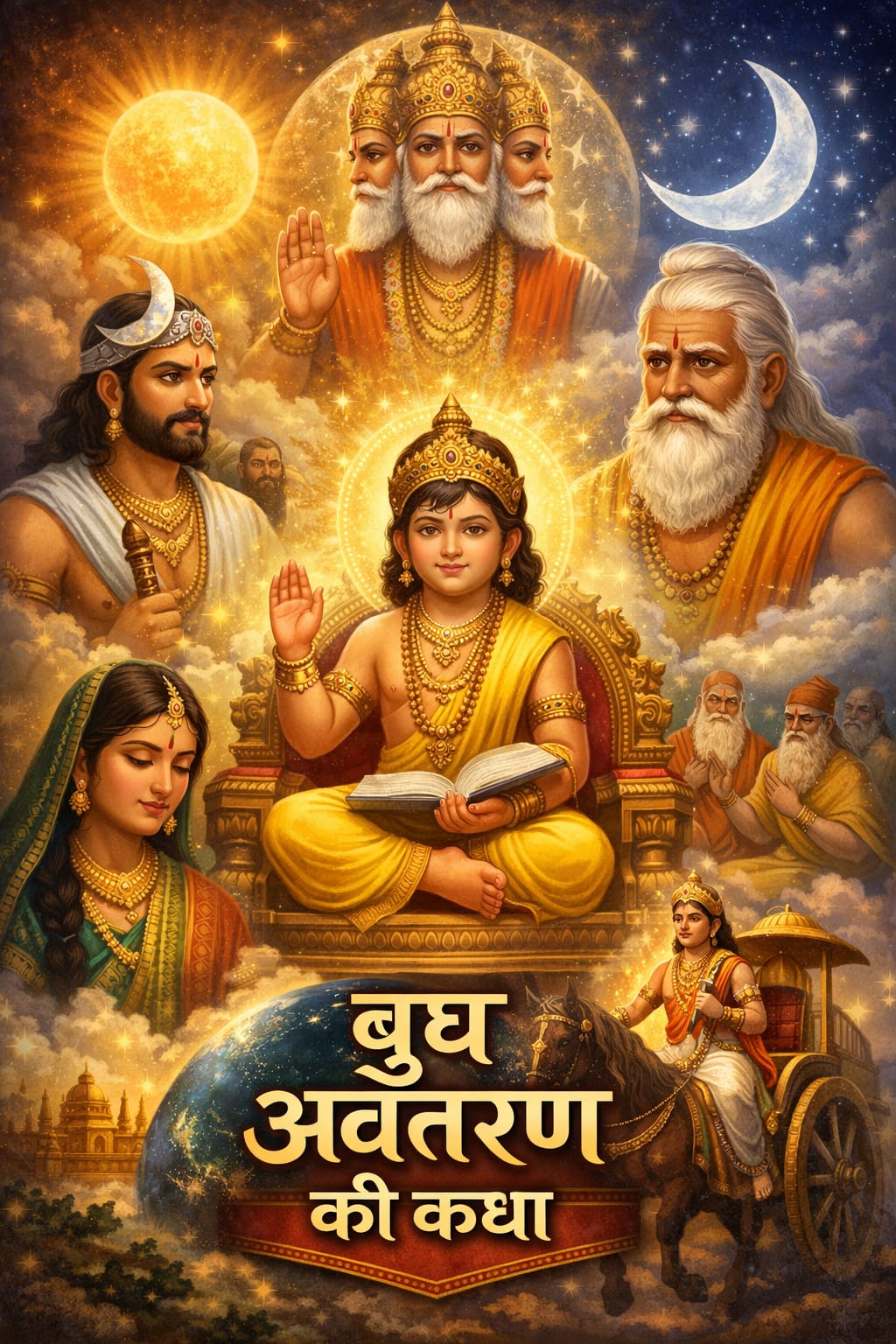 बुध अवतरण की पौराणिक कथा का चित्र, जिसमें तारा से जन्मे बुद्धि के देवता बुध सिंहासन पर विराजमान हैं, ऊपर ब्रह्मा जी आशीर्वाद दे रहे हैं, एक ओर चन्द्रमा और दूसरी ओर बृहस्पति दिखाई देते हैं, तथा आकाश में सूर्य-चन्द्र और ग्रहों का दिव्य दृश्य उपस्थित है।