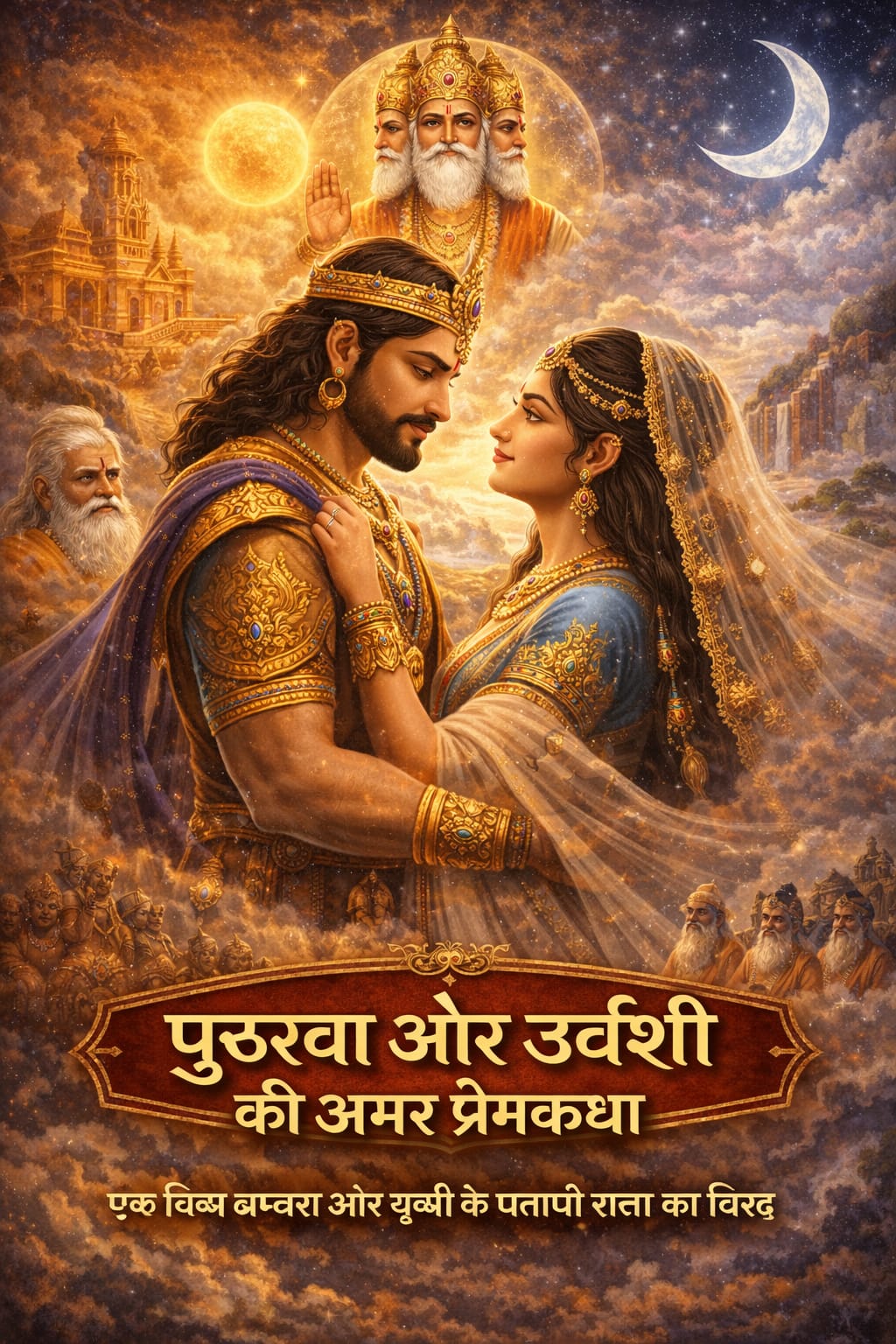 पुरूरवा और उर्वशी की पौराणिक प्रेमकथा का दृश्य, जिसमें चंद्रवंशी राजा पुरूरवा दिव्य अप्सरा उर्वशी को आलिंगन में लिए खड़े हैं, ऊपर ब्रह्मा जी आशीर्वाद मुद्रा में दिखाई देते हैं, आकाश में सूर्य और चन्द्र के प्रतीक हैं तथा पीछे देवसभा और पृथ्वी-स्वर्ग का संयुक्त दृश्य उपस्थित है।