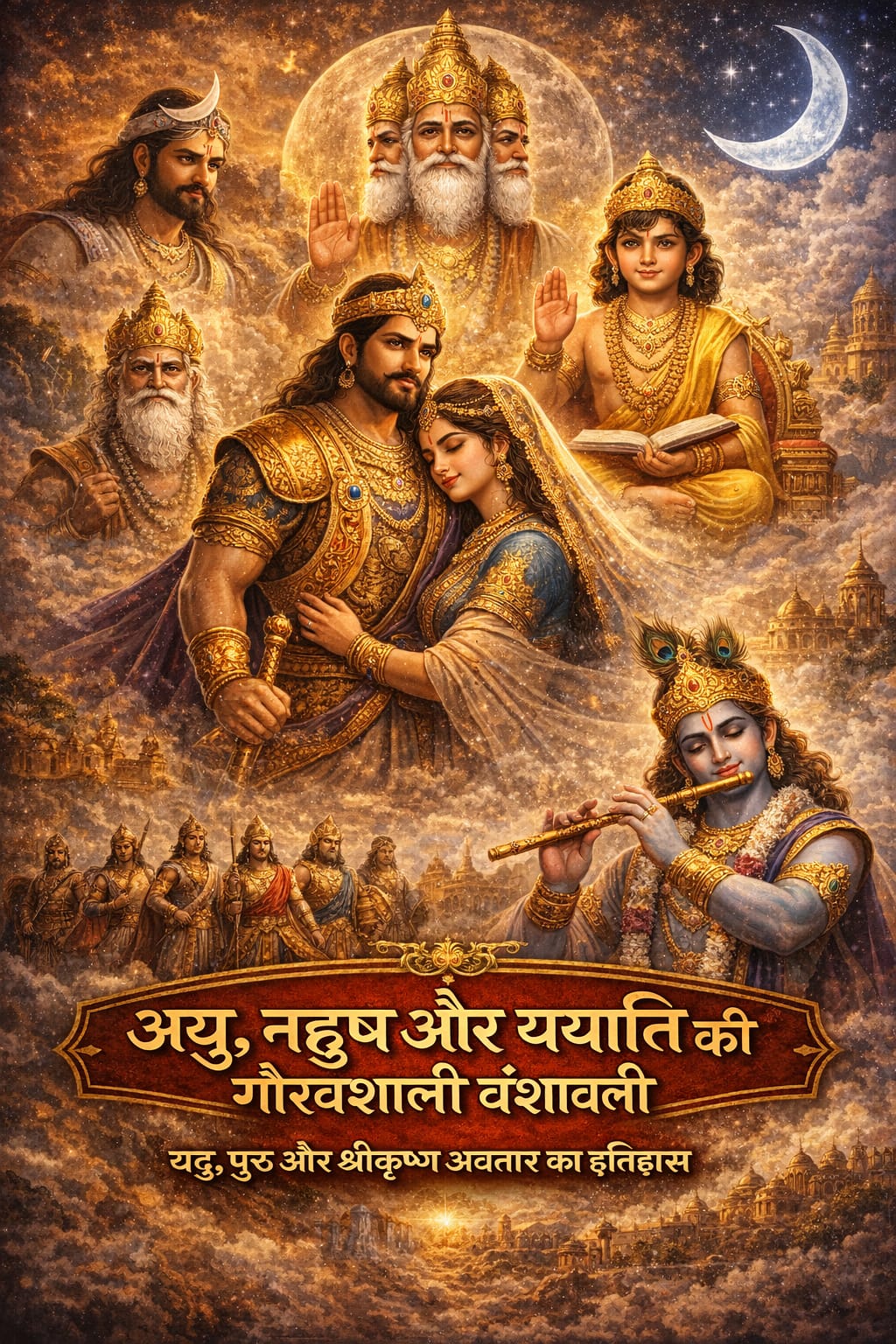 चन्द्रवंश की वंशावली दर्शाता पौराणिक चित्र जिसमें आयु, नहुष और राजा ययाति के साथ उनके पुत्र पुरु और यदु दिखाए गए हैं, ऊपर देवताओं की दिव्य आभा तथा नीचे यदुवंश से उत्पन्न भगवान श्रीकृष्ण का संकेत, धर्म और कर्म की परंपरा को दर्शाता हुआ दृश्य।
