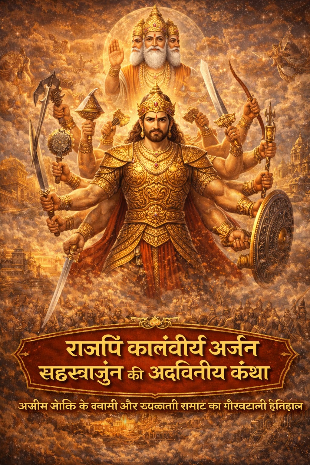 हैहय वंश के चक्रवर्ती सम्राट सहस्त्रार्जुन की दिव्य छवि, सहस्र भुजाओं वाले कार्तवीर्य अर्जुन, दत्तात्रेय की कृपा, यदु–पुरु वंश और श्रीकृष्ण अवतार की पौराणिक पृष्ठभूमि दर्शाती हुई पौराणिक कला