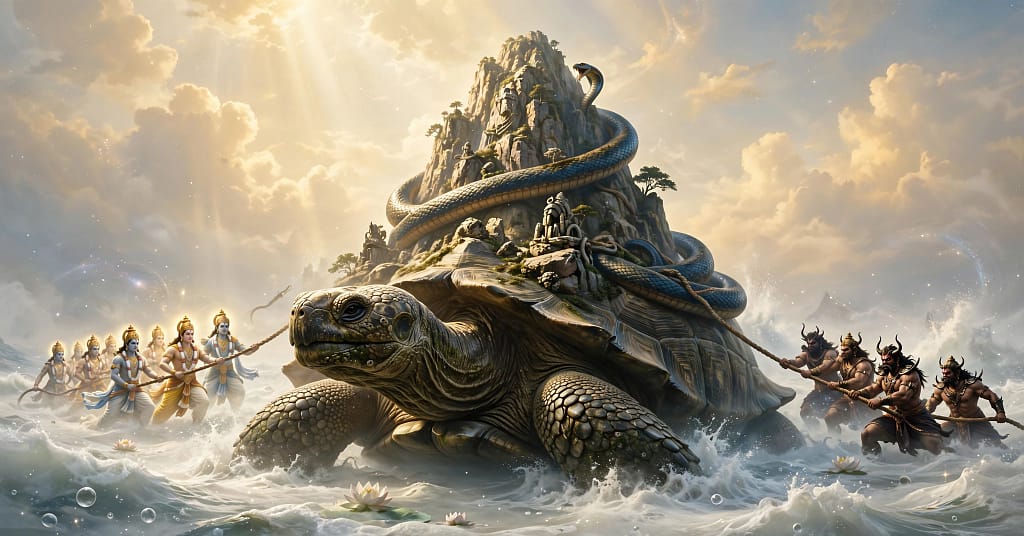 Current image: Lord Kurma avatar holding Mandarachal mountain on his back during Samudra Manthan, giant divine tortoise churning milky ocean with devas and asuras using Vasuki serpent, कूर्म अवतार अपनी पीठ पर मंदराचल पर्वत को धारण किए हुए, क्षीर सागर में समुद्र मंथन करते हुए देवता और असुर, वासुकी नाग