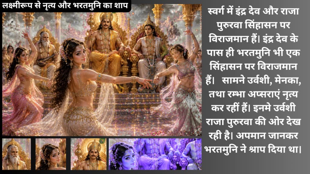 Current image: स्वर्ग में इंद्र देव और राजा पुरुरवा सिंहासन पर विराजमान हैं। इंद्र देव के पास ही भरतमुनि भी एक सिंहासन पर विराजमान हैं।
