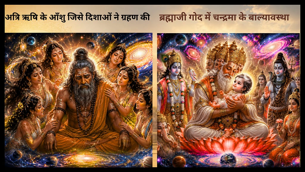 Current image: ब्रह्माण्डीय दृश्य में अत्रि ऋषि के नेत्रों से आँसू बहते हुए, चारों ओर दिव्य स्त्रियाँ उपस्थित हैं, और दूसरी ओर ब्रह्मा जी अपनी गोद में बाल रूप चन्द्रमा को वात्सल्य भाव से धारण किए हुए हैं, साथ में भगवान विष्णु, शिव और अन्य देवता खड़े हैं।