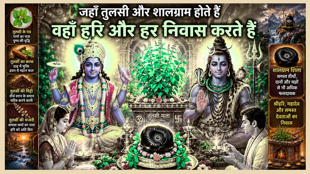 Current image: मध्य में तुलसी और शालग्राम शिला स्थापित है, एक ओर भगवान विष्णु और दूसरी ओर भगवान शिव विराजमान हैं। भक्त श्रद्धा से पूजा करते हुए दिखाई दे रहे हैं।