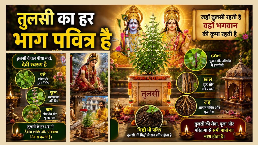Current image: मध्य में तुलसी का पवित्र पौधा स्थापित है, उसके पीछे भगवान विष्णु और माता लक्ष्मी विराजमान हैं। चित्र में तुलसी के पत्ते, फूल, फल, जड़, डंठल, छाल और मिट्टी की पवित्रता को दर्शाया गया है।