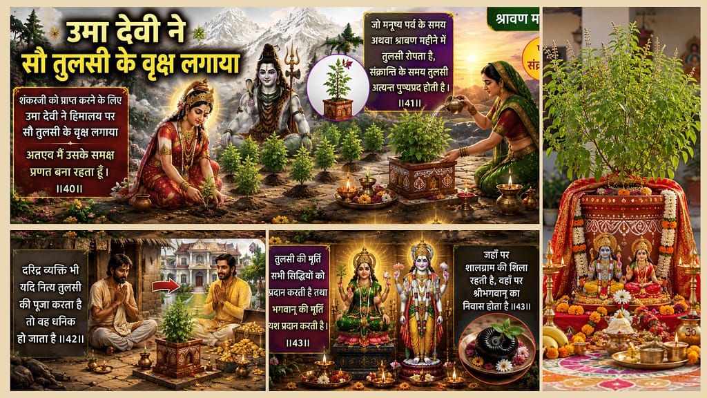 Current image: हिमालय पर्वत के बीच माता उमा तुलसी के पौधे रोप रही हैं, पास में भगवान शिव विराजमान हैं। अन्य दृश्य में तुलसी पूजा और तुलसी से प्राप्त समृद्धि को दिखाया गया है।
