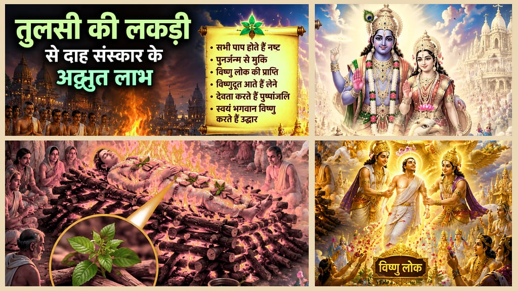 Current image: तुलसी की लकड़ी से जलती चिता का दृश्य, जहाँ भगवान विष्णु और देवदूत आत्मा को विष्णु लोक ले जाते हुए दिखाई दे रहे हैं।