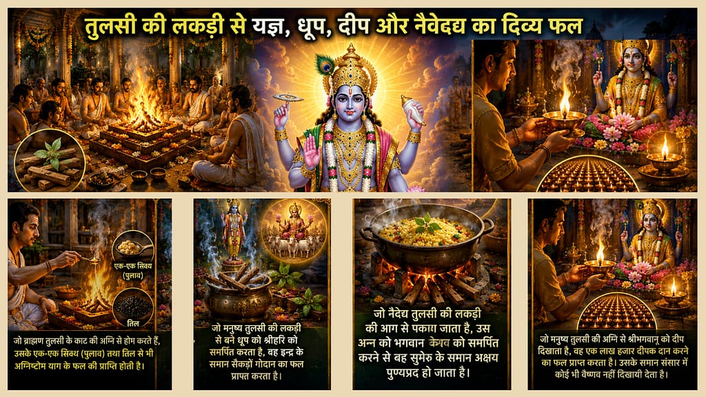 Current image: चित्र में तुलसी की लकड़ी से यज्ञ, धूप, दीप और नैवेद्य तैयार किया जा रहा है। मध्य में भगवान विष्णु विराजमान हैं और भक्त पूजा-अर्चना कर रहे हैं।