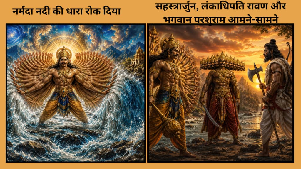 Current image: सहस्त्रार्जुन अपनी हजार भुजाओं से नर्मदा नदी की धारा रोकते हुए, और दूसरी ओर नर्मदा तट पर सहस्त्रार्जुन, लंकाधिपति रावण तथा भगवान परशुराम आमने-सामने खड़े हुए पौराणिक दृश्य।