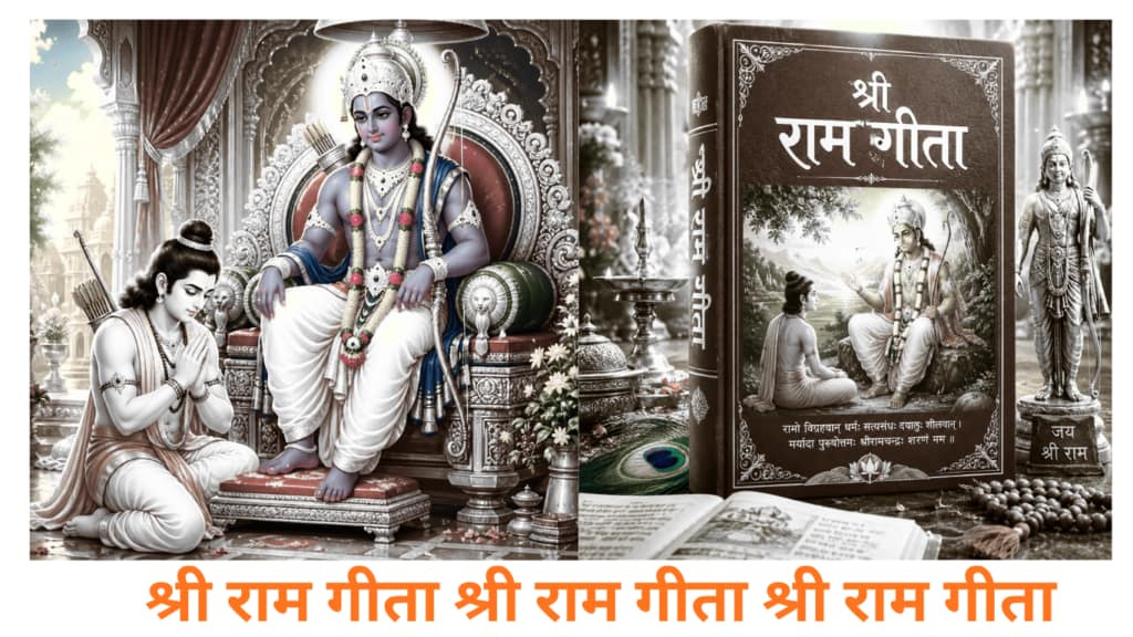 Current image: श्री राम गीता - Bhagwan Shri Ram singhasan par virajmaan hain aur unke charanon mein haath jode vinamra aur udaasin bhav mein Lakshman ji baithe hain, bhakti aur samarpan ka divya drishya