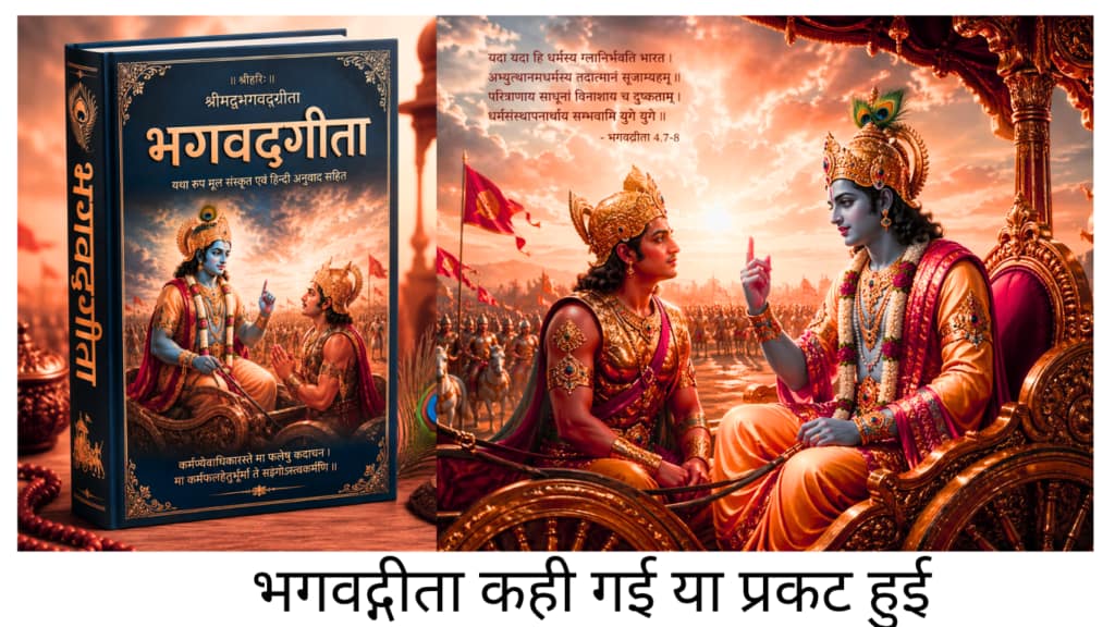 Current image: भगवद्गीता कही गई या प्रकट हुई - कुरुक्षेत्र के युद्धभूमि में रथ पर बैठे श्रीकृष्ण अर्जुन को भगवद्गीता का उपदेश देते हुए, पृष्ठभूमि में खड़ी विशाल सेना और दिव्य वातावरण