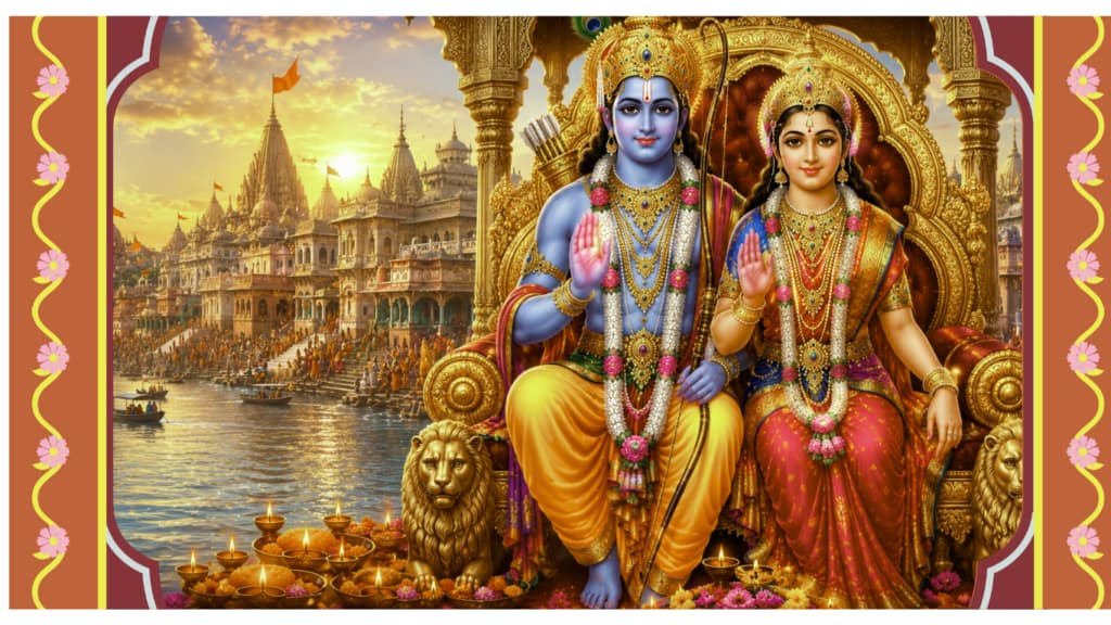 Current image: श्री सीताराम धाम परिकर वंदना: अयोध्या नगरी के दिव्य दृश्य में सरयू नदी के किनारे स्वर्ण सिंहासन पर विराजमान भगवान श्रीराम और माता सीता, पीछे भव्य मंदिर और दीपों से सजा आध्यात्मिक वातावरण।