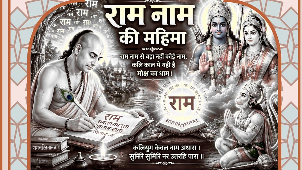 राम नाम सबसे बड़ा-राम नाम की महिमा दर्शाता हुआ रामचरितमानस बालकाण्ड का thumbnail जिसमें शिवजी, तुलसीदासजी और श्रीराम-हनुमान की दिव्य छवि दिखाई गई है