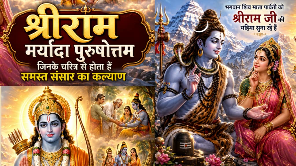 Current image: श्रीराम गीता के प्रथम श्लोक का रहस्य - कैलाश पर्वत पर भगवान शिव माता पार्वती को श्रीराम जी की महिमा सुनाते हुए दिखाई दे रहे हैं, पृष्ठभूमि में हिमालय और दिव्य श्रीराम के दृश्य हैं।