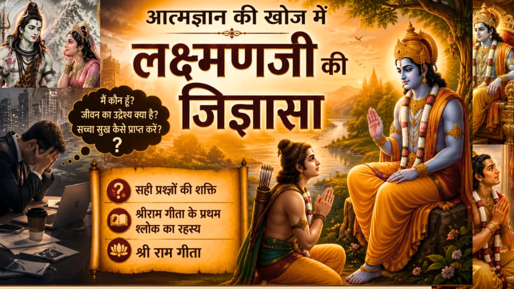 Current image: भगवान श्रीराम के समक्ष विनम्र भाव से बैठे लक्ष्मणजी, आत्मज्ञान की खोज और जीवन के परम सत्य पर आधारित श्रीरामगीता का दिव्य संवाद।