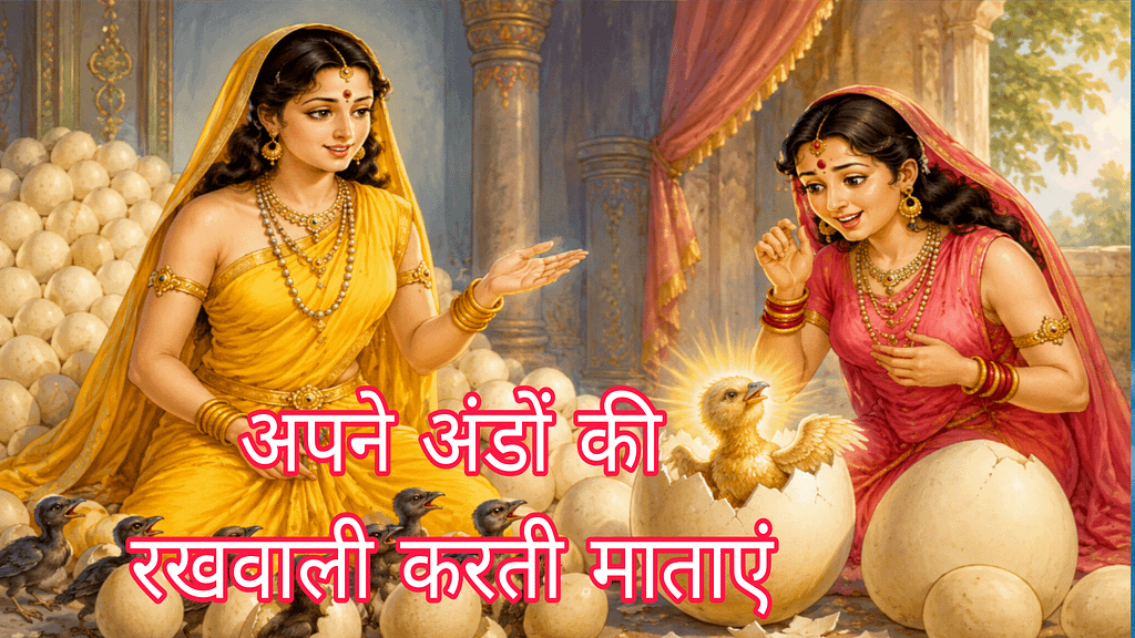 Current image: गरुड़जी की कहानी - दो माताएं विशाल अंडों के बीच बैठी हैं और एक अंडे से निकलते हुए सुनहरे चूजे को देखकर प्रसन्न हो रही हैं। चित्र मातृत्व, सुरक्षा और नए जीवन के जन्म का प्रतीक है।