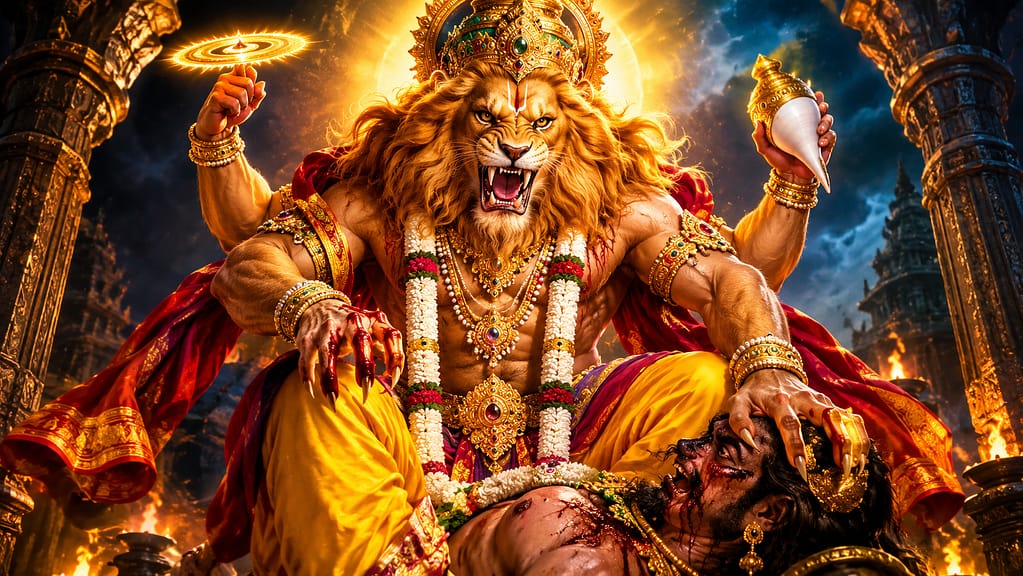 Current image: नृसिंह भगवान का दिव्य और रौद्र स्वरूप, हिरण्यकशिपु का वध करते हुए भगवान विष्णु का नरसिंह अवतार