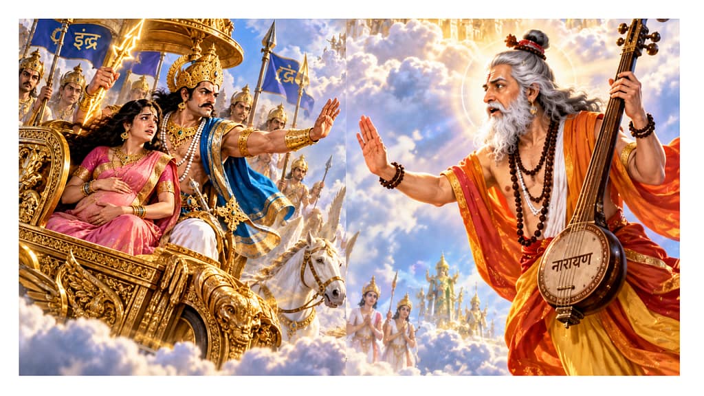 Current image: दिव्य विमान में गर्भवती कायाधु को ले जाते हुए इंद्रदेव को आकाश में देवर्षि नारद रोककर उन्हें कायाधु को छोड़ देने के लिए समझा रहे हैं।