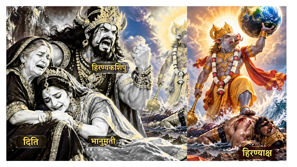 Current image: हिरण्याक्ष के वध के बाद क्रोधित हिरण्यकशिपु, शोक में डूबी दिति और भानुमती, तथा भगवान वराह द्वारा हिरण्याक्ष के वध का दृश्य।