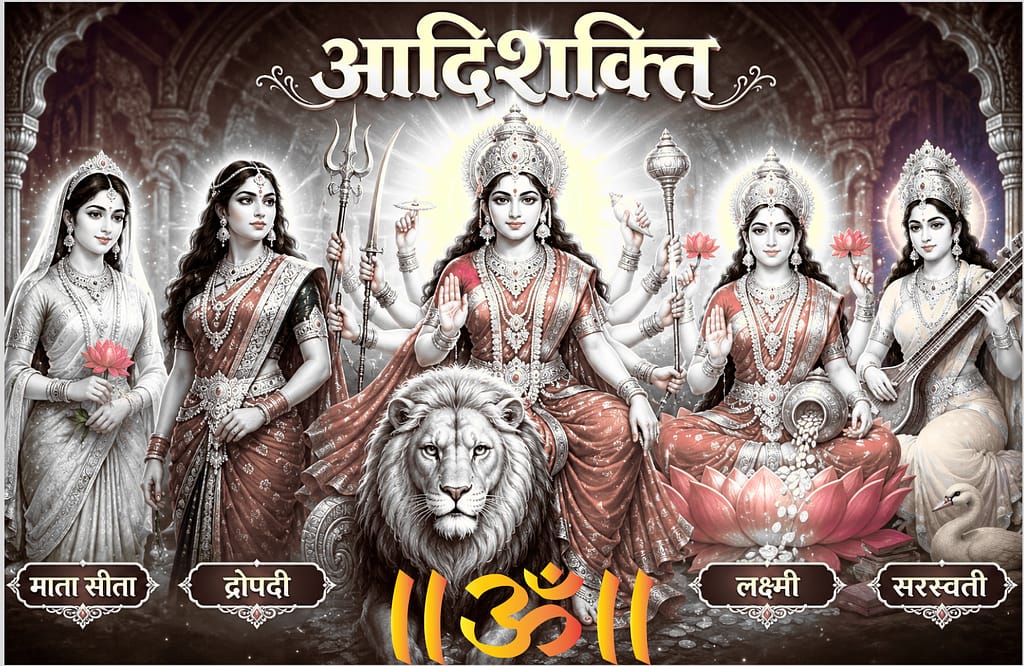 Current image: नारी शक्ति आद्य शक्ति प्रकृति: आदिशक्ति देवी सिंह पर विराजमान हैं, दोनों ओर माता सीता, द्रौपदी, लक्ष्मी और सरस्वती दिव्य स्वरूप में दर्शाई गई हैं।