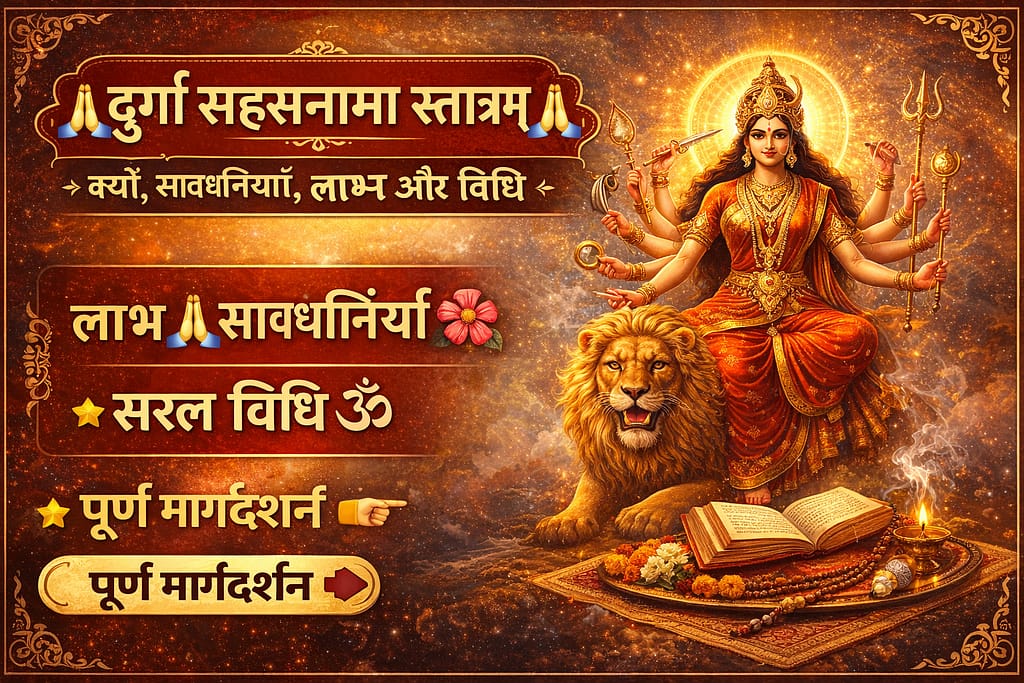 दुर्गा सहस्रनाम पाठ क्यों, सावधानियाँ, लाभ और विधि-माँ दुर्गा सिंह पर विराजमान, दिव्य आभा के साथ दुर्गा सहस्रनाम स्तोत्र का पवित्र दृश्य, लाभ, सावधानियाँ और सरल विधि दर्शाता आध्यात्मिक थंबनेल