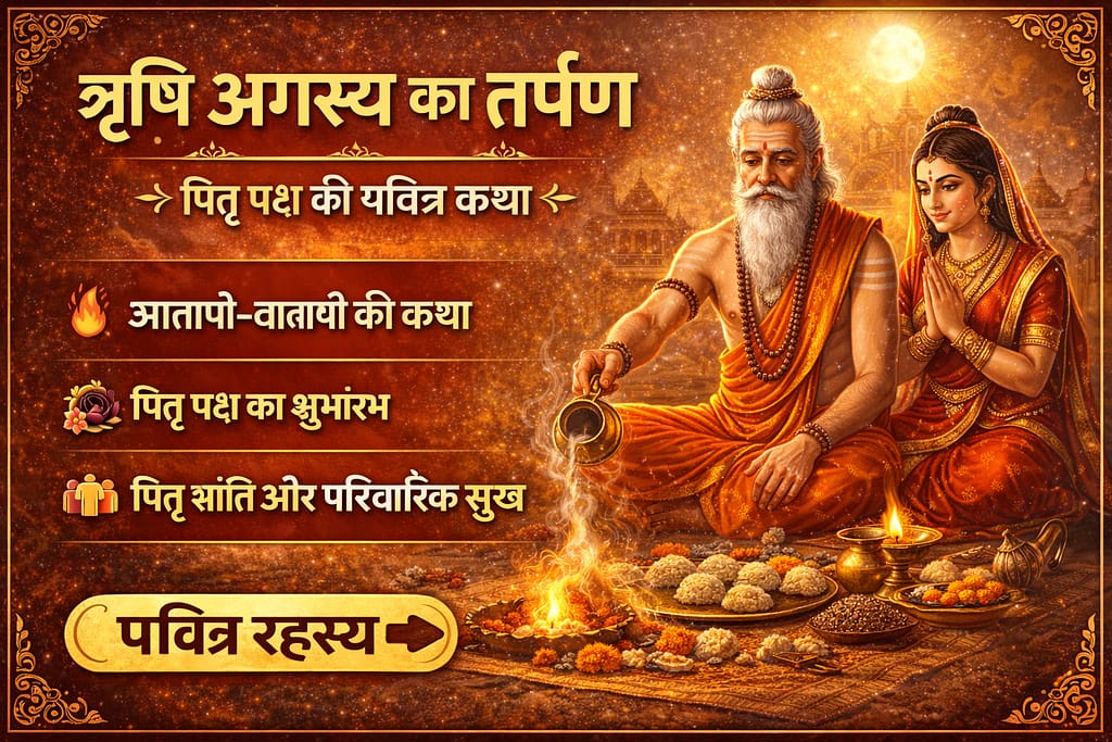 ऋषि अगस्त्य का तर्पण — पितृ पक्ष की पवित्र कथा-ऋषि अगस्त्य और माता लोपामुद्रा पितृ पक्ष के प्रथम दिन तर्पण करते हुए, अग्नि, पिंडदान, जल अर्पण और पूर्णिमा चंद्रमा के साथ दिव्य वातावरण में पितृ शांति का दृश्य