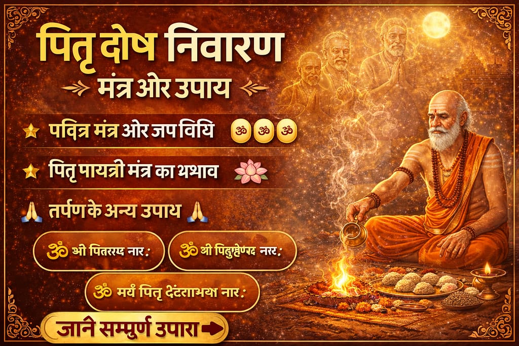 पितृ पक्ष में पितृ दोष निवारण के लिए मंत्र जाप और तर्पण करते श्रद्धालु, पृष्ठभूमि में दिव्य प्रकाश और पितृ लोक का आध्यात्मिक प्रतीक