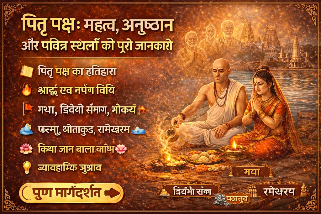 पितृ पक्ष : महत्त्व, अनुष्ठान और पवित्र स्थलों की पूरी जानकारी-पितृ पक्ष के दौरान नदी तट पर श्राद्ध और तर्पण करते दंपत्ति, पीछे गया, त्रिवेणी संगम और रामेश्वरम जैसे पवित्र तीर्थस्थलों का आध्यात्मिक दृश्य, पितृ आत्माओं की उपस्थिति के साथ।