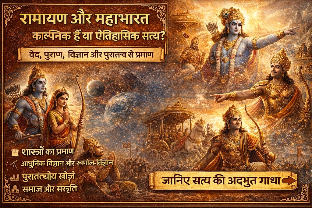"रामायण और महाभारत: काल्पनिक या ऐतिहासिक सत्य? भगवान राम, कृष्ण, महाभारत युद्ध और रामसेतु की डिजिटल कलात्मक छवि, शास्त्र, विज्ञान और पुरातत्व प्रमाणों के साथ।"