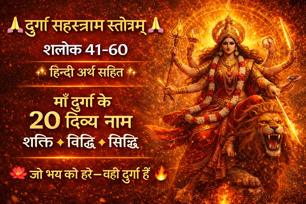 दुर्गा सहस्रनाम स्तोत्रम् (श्लोक 41-60)-सिंह पर विराजमान देवी दुर्गा का दिव्य स्वरूप, हाथों में शस्त्र धारण किए माँ आद्या शक्ति — दुर्गा सहस्रनाम स्तोत्रम् श्लोक 41–60 हिन्दी अर्थ सहित।