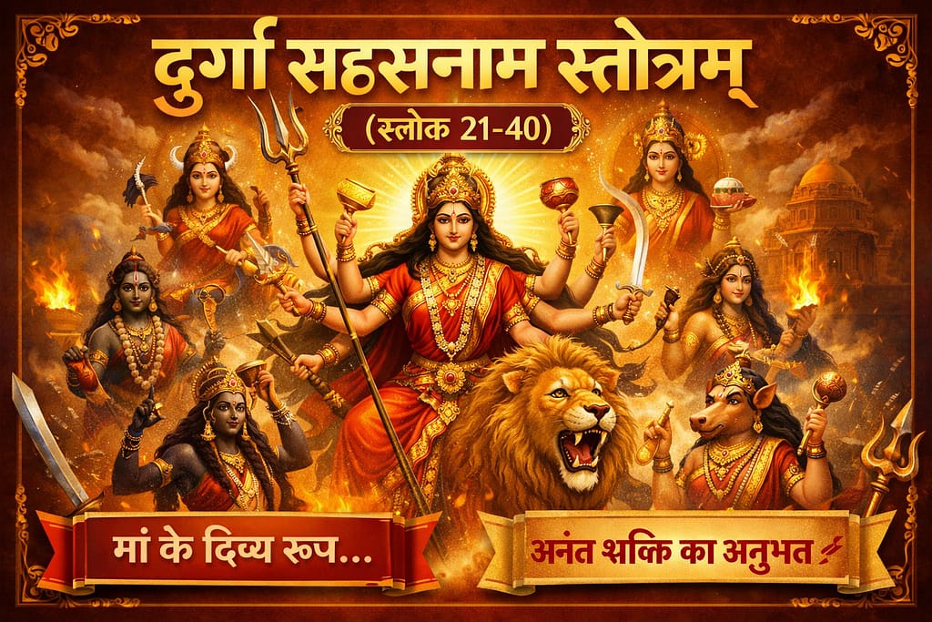 दुर्गा सहस्रनाम स्तोत्रम् (श्लोक 21–40) का दिव्य दृश्य, जिसमें माँ दुर्गा अनेक भुजाओं के साथ तेजस्वी स्वरूप में विराजमान हैं और उनके चारों ओर दिव्य प्रकाश और शक्ति का आभास हो रहा है।